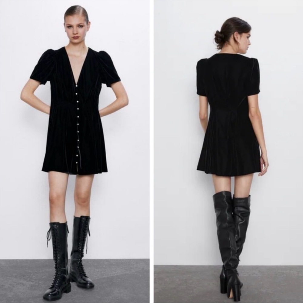 Zara velvet Mini Dress Black SZ Medium‎ Coquette Romantic Classy Chic